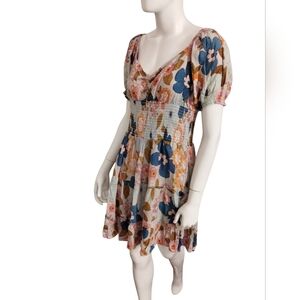 Angie Women's Smocked Babydoll Tiered Cottagecore Boho Whimsical Mini Dress sz L